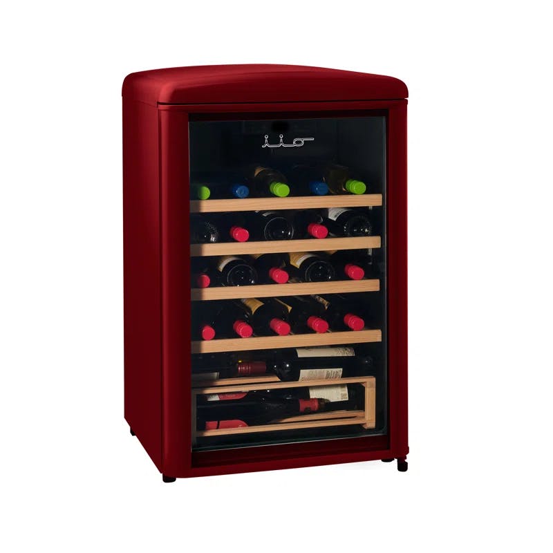 Elegante 30-Bottle Wine Red Freestanding Cooler with White LED & Wooden Shelves