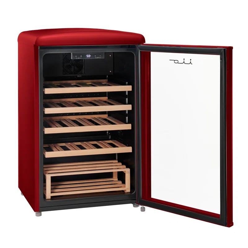 Elegante 30-Bottle Wine Red Freestanding Cooler with White LED & Wooden Shelves