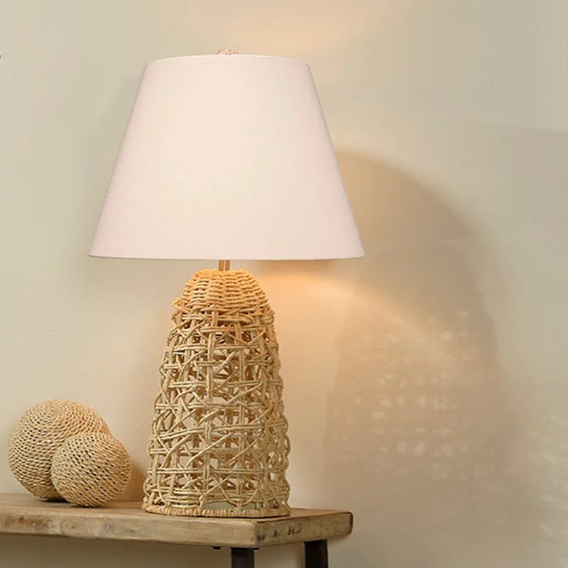 Canyon Handwoven Natural Corn Rope Table Lamp with White Linen Shade