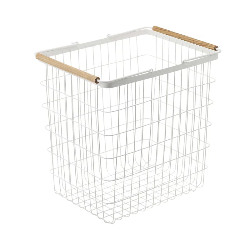 Scandinavian White Steel Collapsible Hamper with Ash Wood Handles and Wheels
