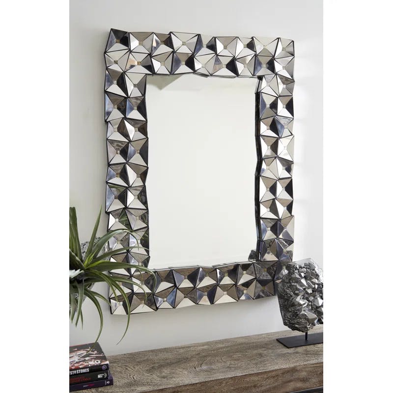Transitional Rectangular Divot Beveled Wall Mirror in Silver