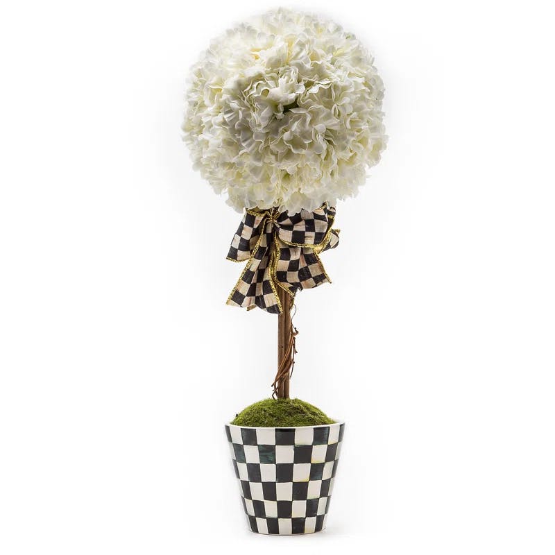 Elegant Ivory Hydrangea Topiary in Black & White Decorative Vase