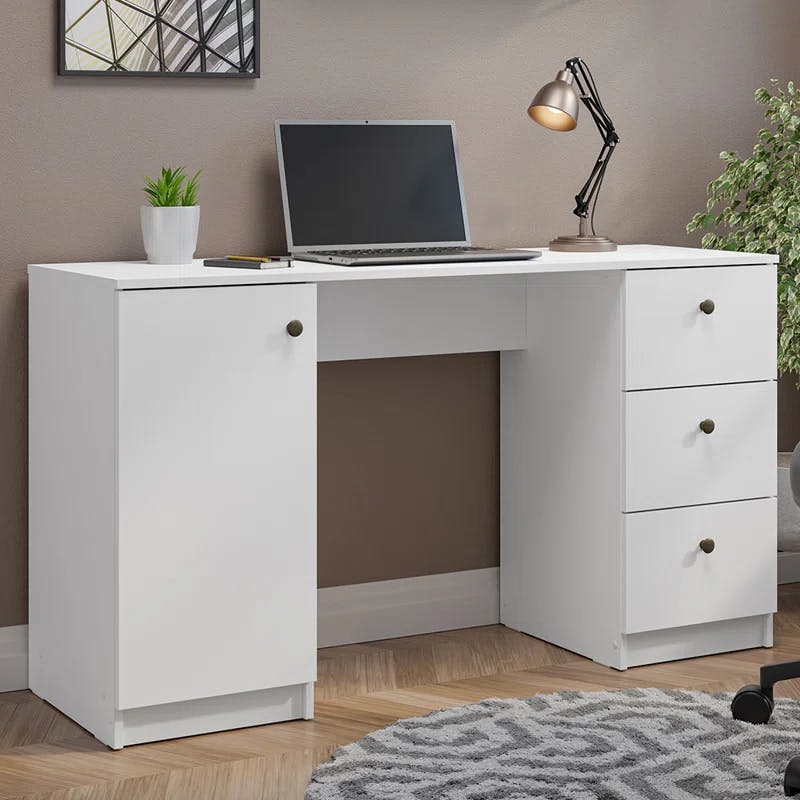 Sleek 53" White Executive Gaming Desk with Filing Cabinet