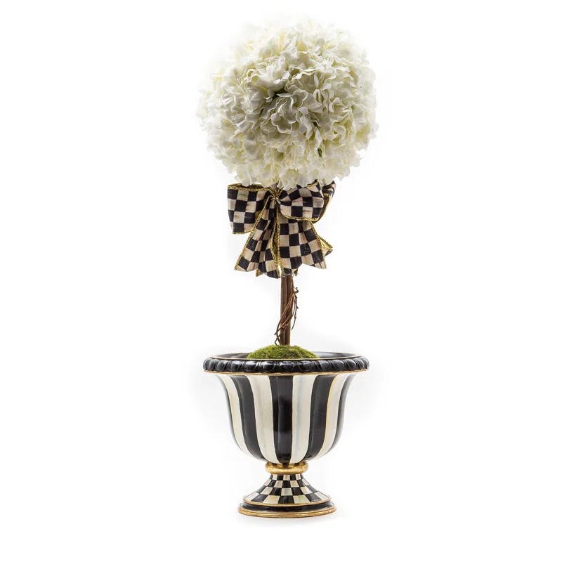 Elegant Ivory Hydrangea Topiary in Black & White Decorative Vase