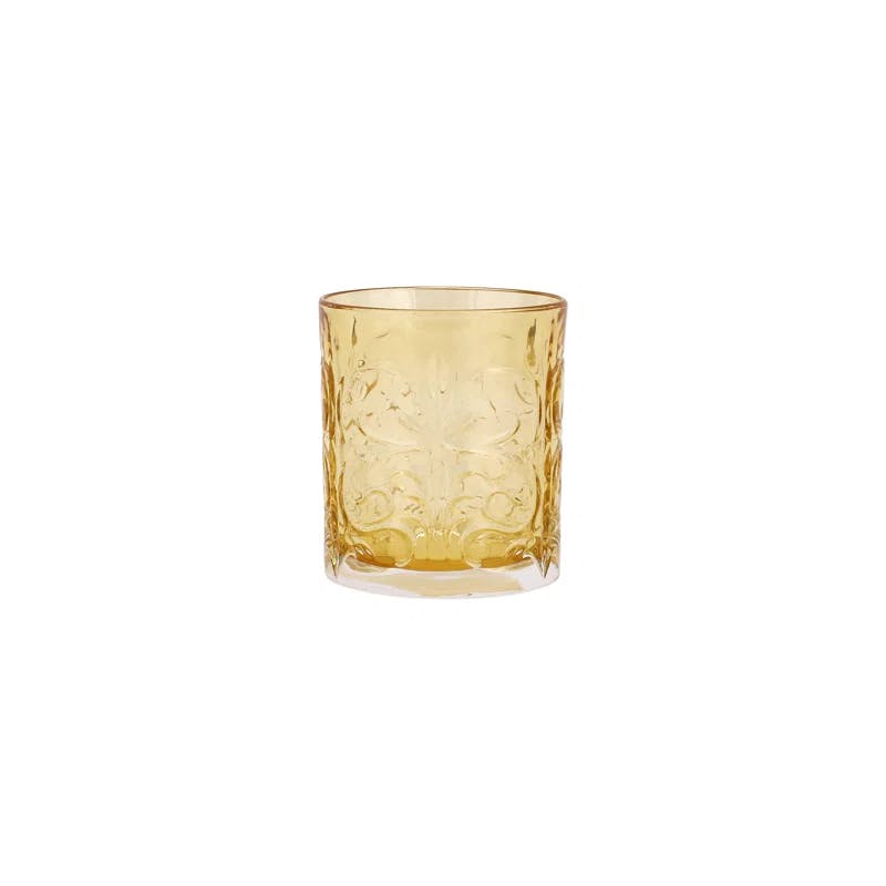 Barocco Amber 10oz Stemless Floral Etched Whiskey Glass