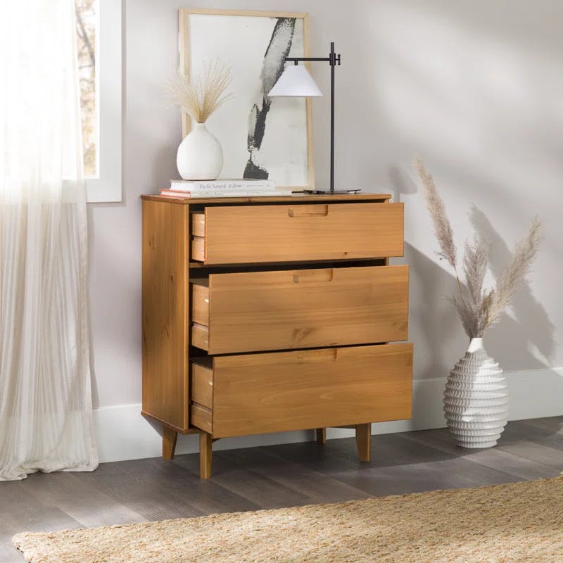 Caramel Solid Pine Mid-Century Vertical Dresser with Extra Deep Drawers