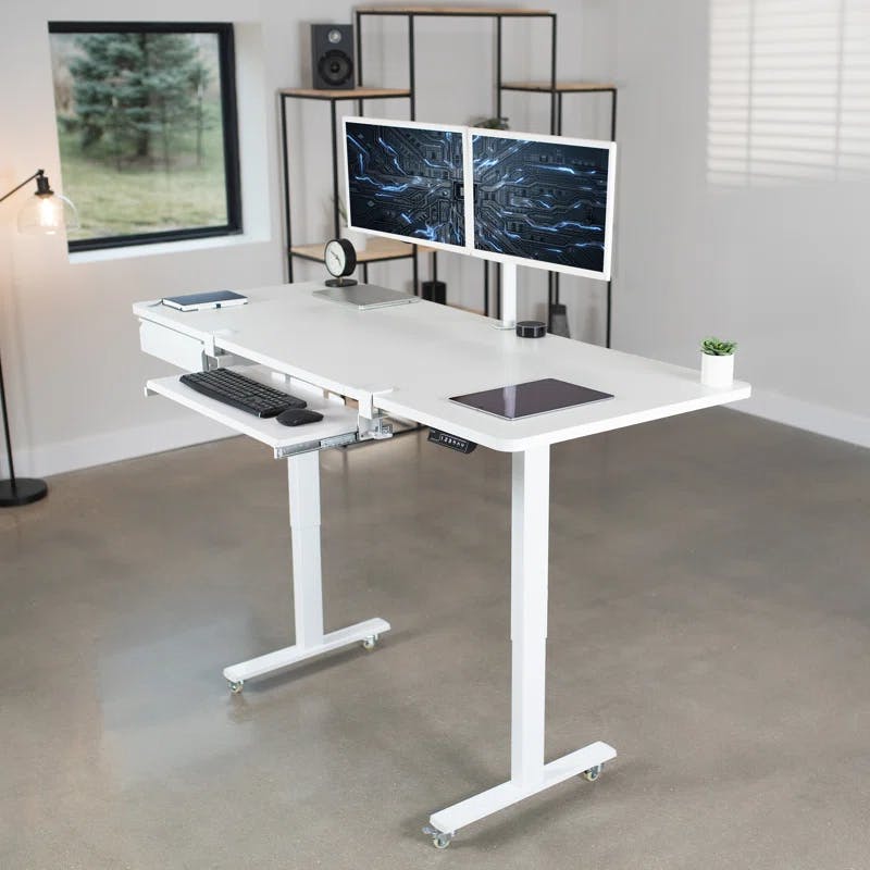 Elevate 71" White Electric Adjustable Desk with Drawer & Keyboard Tray