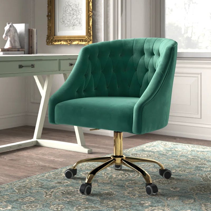 Ergonomic Green Velvet Task Chair with Gold Metal Legs