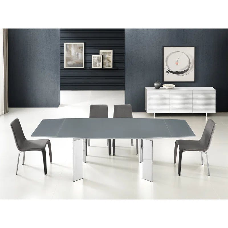 Astor Transitional Extendable Glass Dining Table in Gray and Silver
