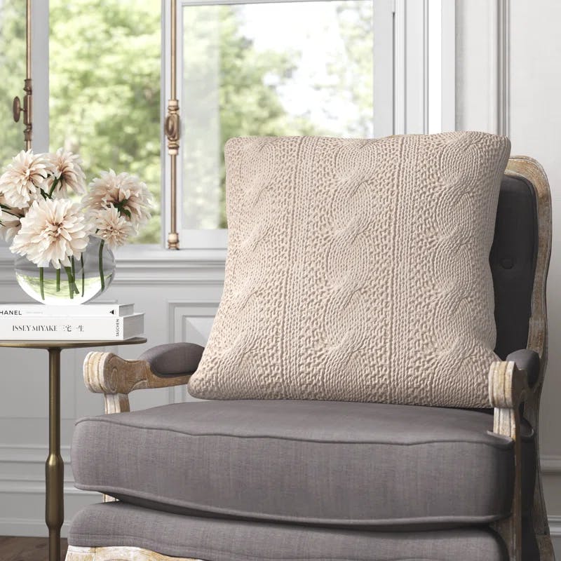 Vanilla Cable Knit Cotton Square Throw Pillow Set
