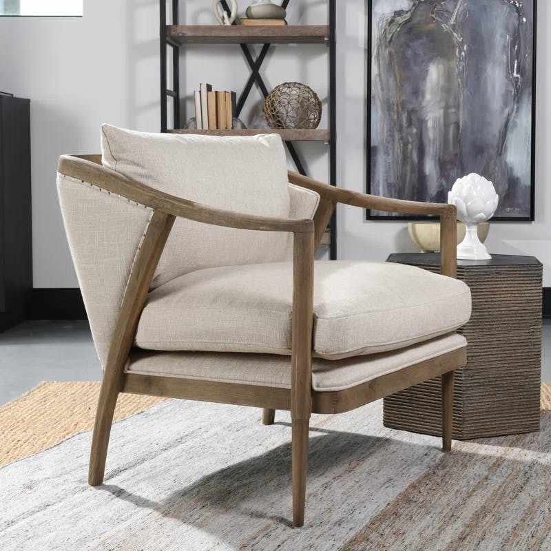 Transitional Beige Leather Swivel Accent Chair with Oak Accents