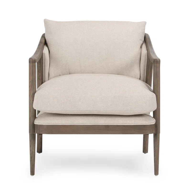 Transitional Beige Leather Swivel Accent Chair with Oak Accents