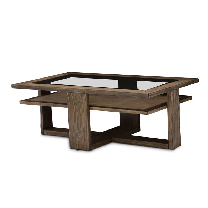 Boardwalk Brown Acacia Rectangular Cocktail Table with Beveled Glass