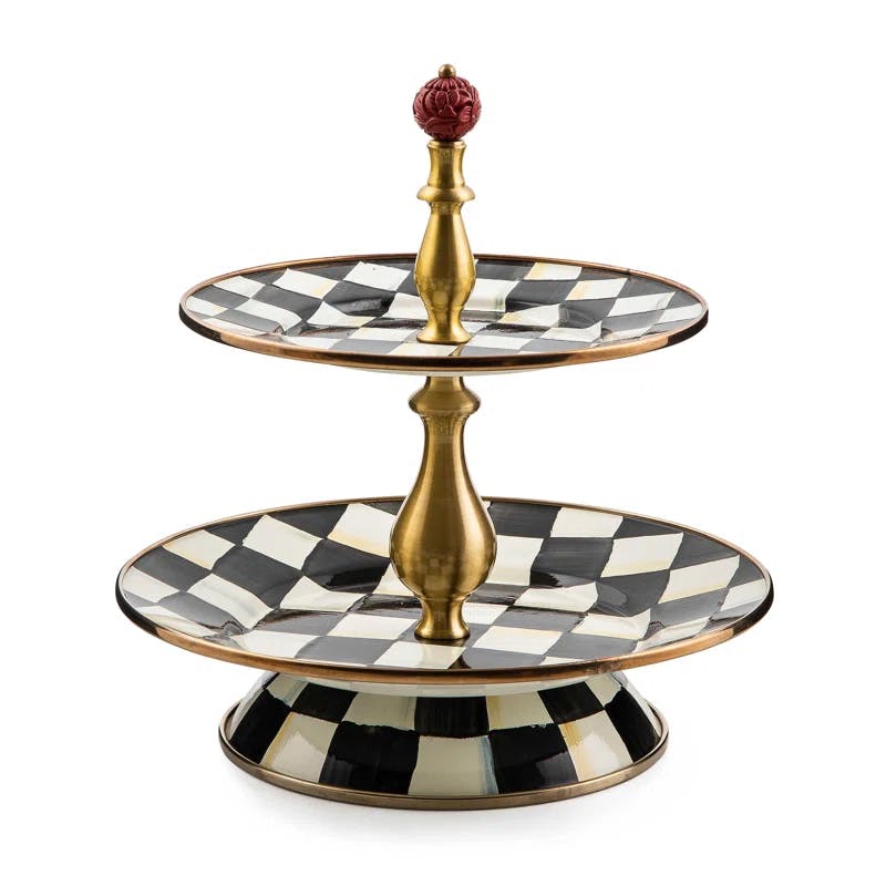 Elegant Hand-Painted Black and White Checkered Two-Tier Sweet Stand
