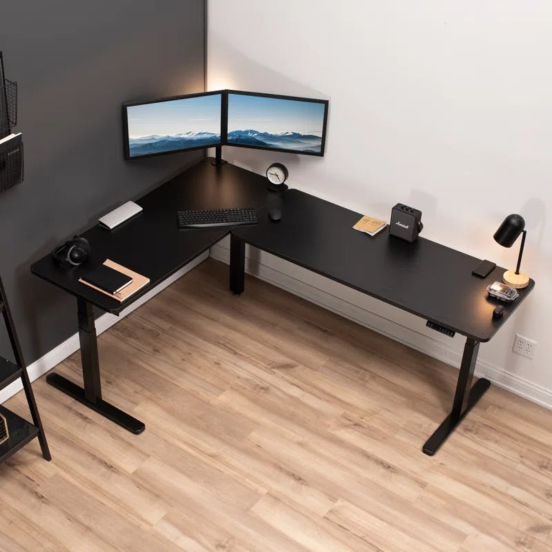 Adjustable Height Electric Standing Desk in Light Wood & Black