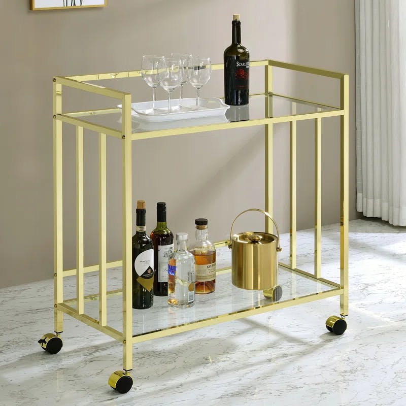 Cara Contemporary Gold Rectangular Bar Cart with Glass Shelves