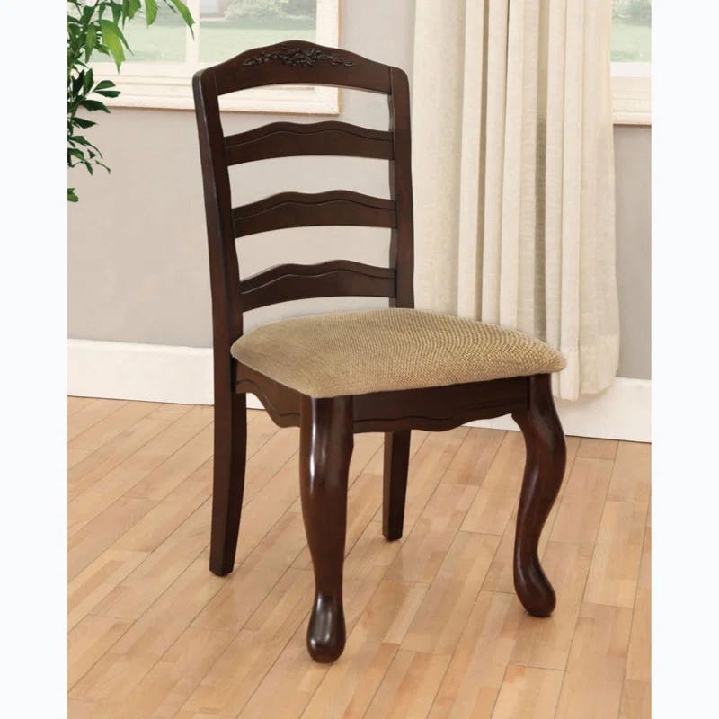 Elegant Dark Walnut Ladderback Side Chair with Fabric Cushion, Set of 2