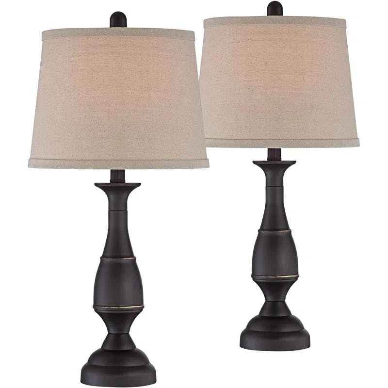 Rustic Farmhouse Dark Bronze Metal Table Lamp Set with Linen Drum Shades