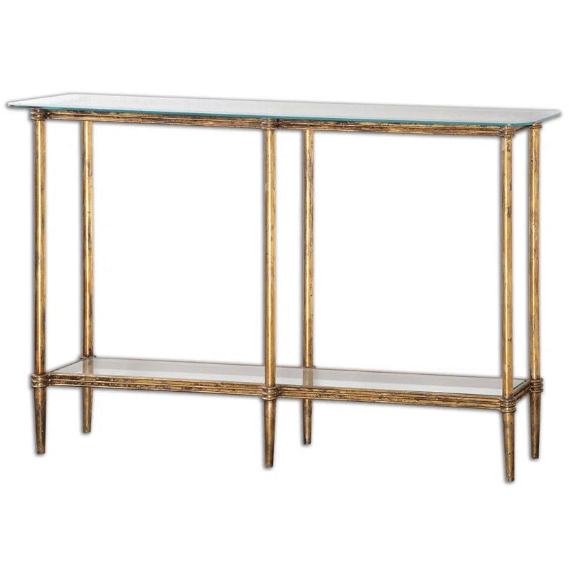 Elenio Transitional 54'' Gold Leaf Console Table with Glass Shelf