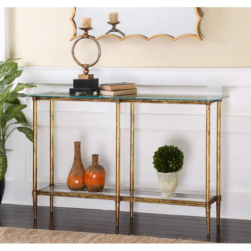 Elenio Transitional 54'' Gold Leaf Console Table with Glass Shelf