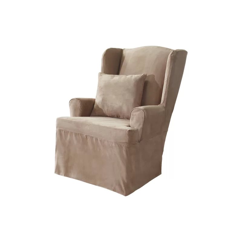 Relaxed Taupe Suede Wingback Chair Slipcover with T-Cushion Design