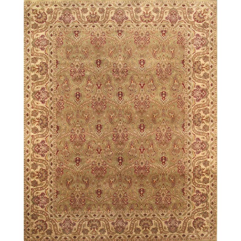 Elegant Light Green Floral Hand-Knotted Wool Area Rug, 8' x 10'