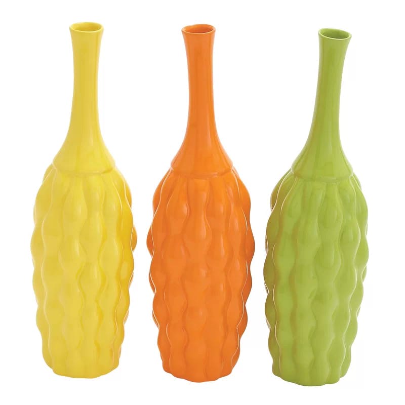 Coastal Charm 18" Trumpet Ceramic Vase Trio in Yellow, Orange, and Green