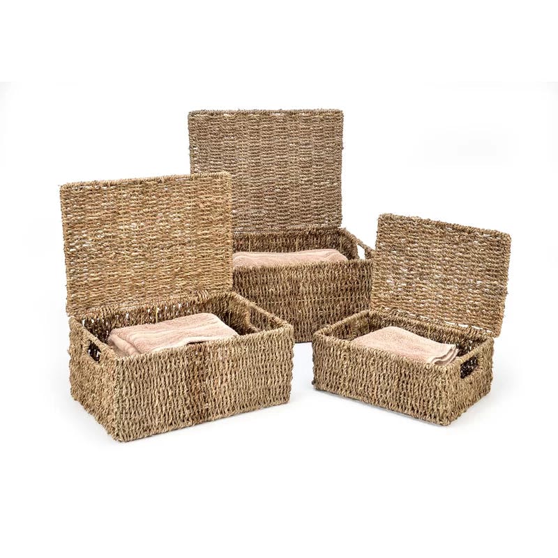 Eco-Chic Seagrass Rectangular Storage Baskets with Lids - Set of 3
