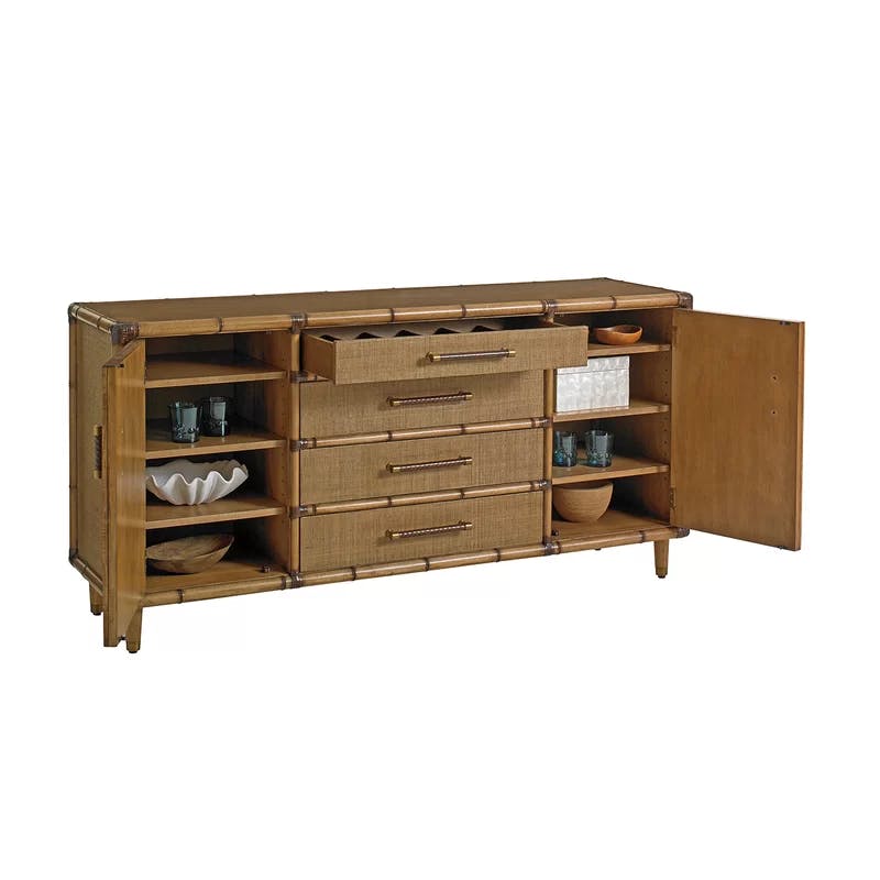 Twin Palms 72" Brown Bamboo and Raffia Buffet with Brass Accents