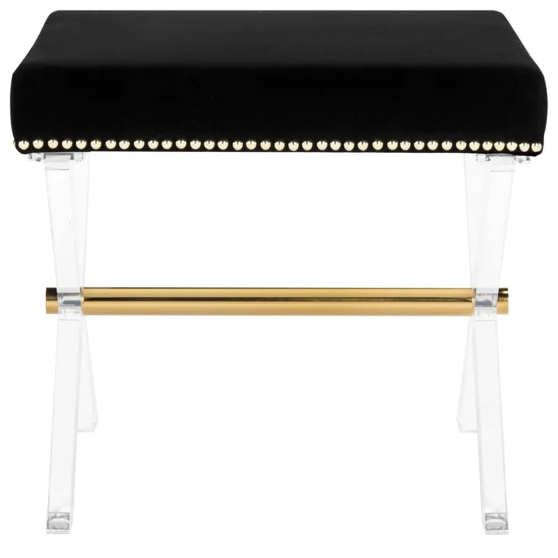 Transitional Luxe Black Velvet Acrylic X-Bench with Brass Detail