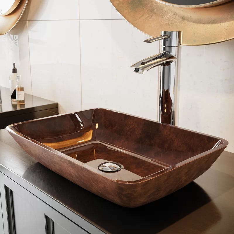 Russet Brown Tempered Glass 18" Rectangular Vessel Bathroom Sink