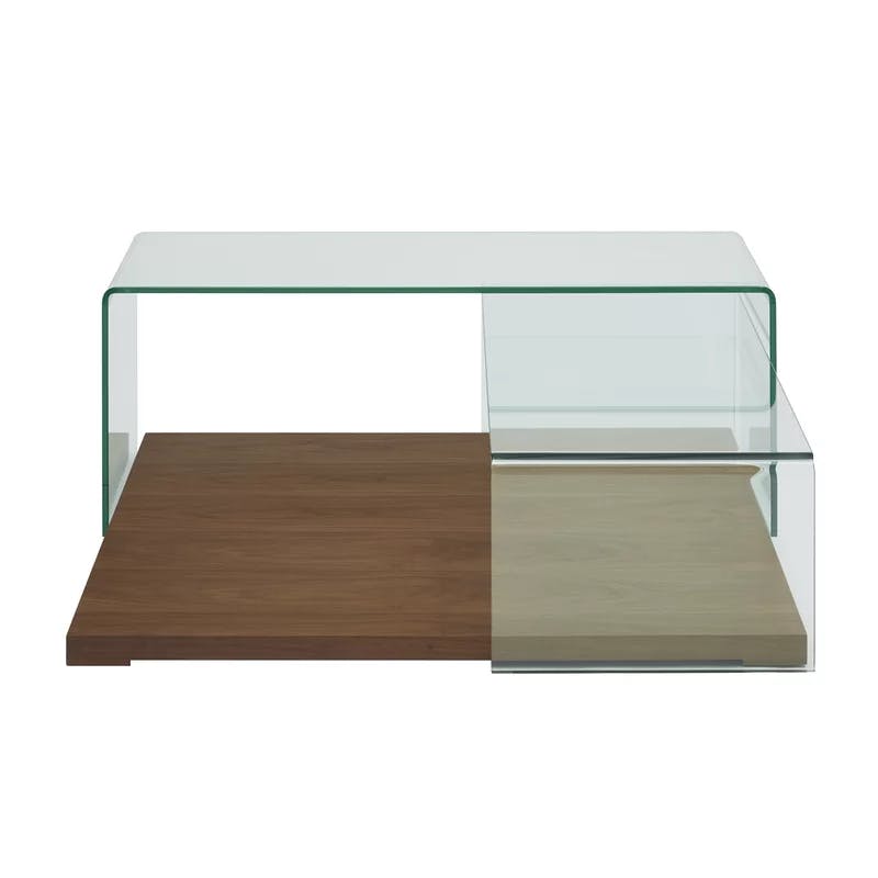 Kinetic Walnut Veneer Square Coffee Table with Clear Glass
