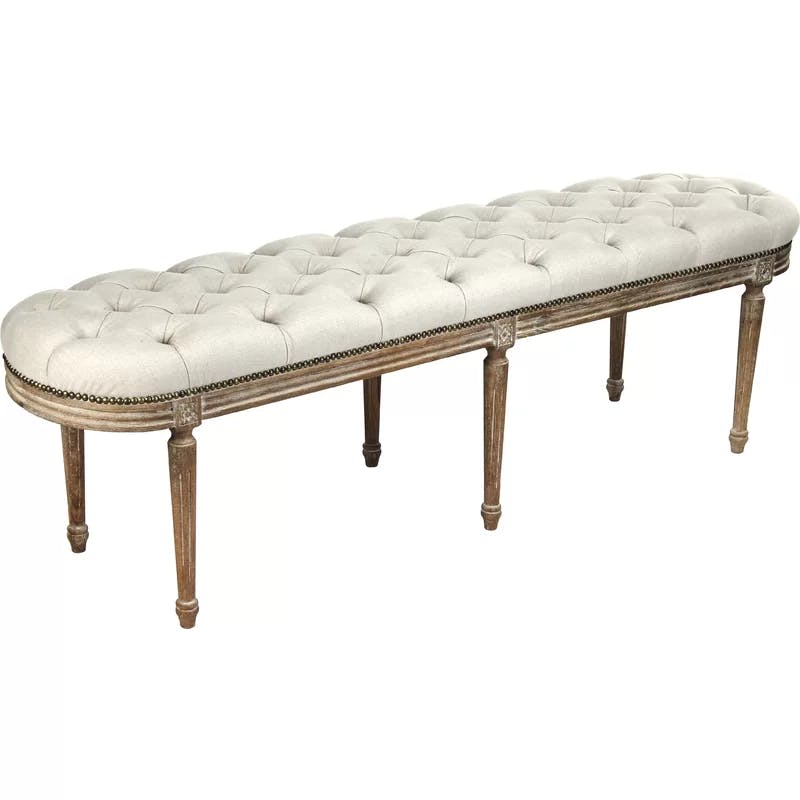 Elegant Michel 62'' Natural Linen Tufted Bench with Bronze Nailheads