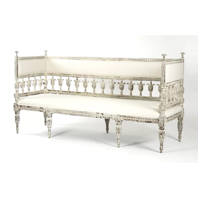 Isabel Distressed Off-White Linen Upholstered Bench