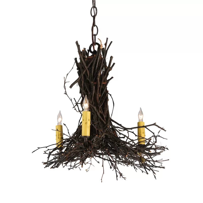 Mini Bronze 3-Light Candle Chandelier with Natural Twigs