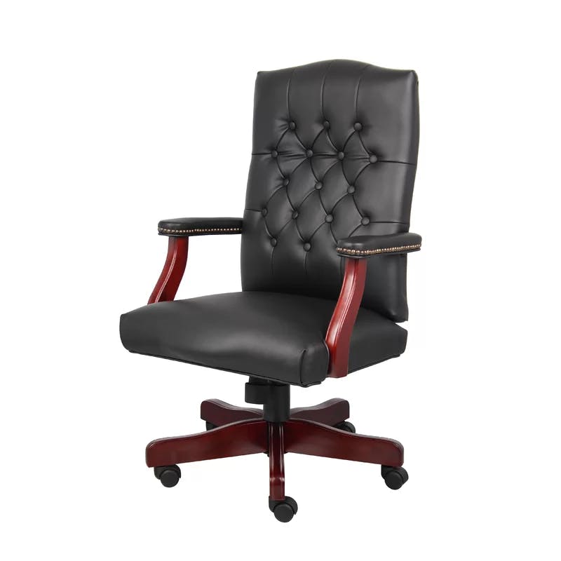Classic Elegance High-Back Executive Chair in Black Leather and Mahogany