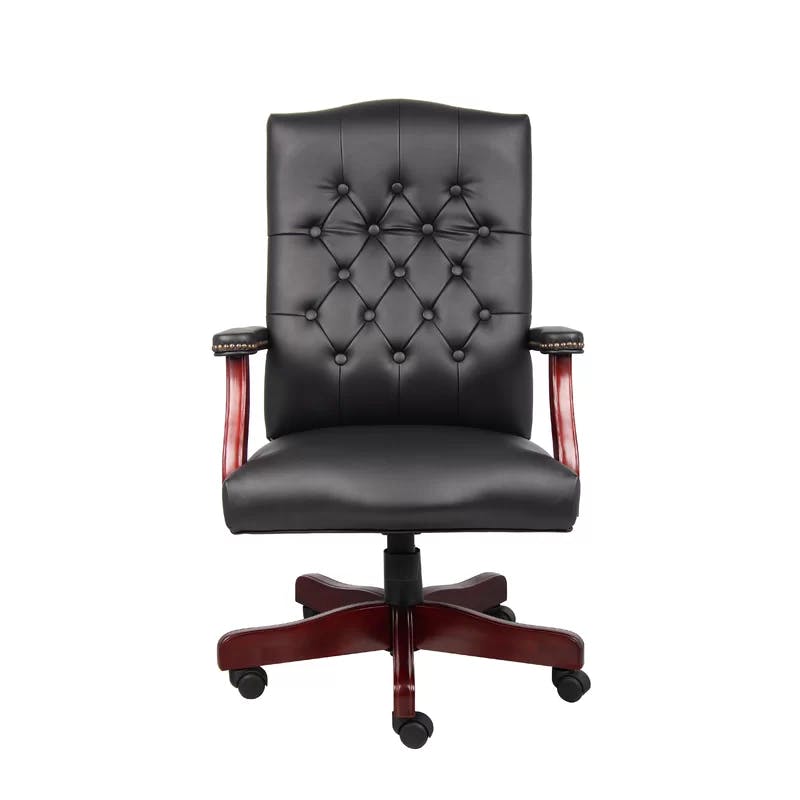 Classic Elegance High-Back Executive Chair in Black Leather and Mahogany