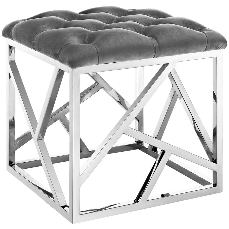 Elegant Silver Tufted Velvet Footstool with Stainless Steel Base