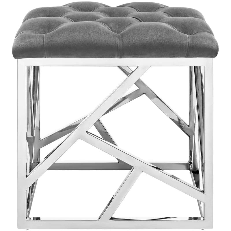 Elegant Silver Tufted Velvet Footstool with Stainless Steel Base