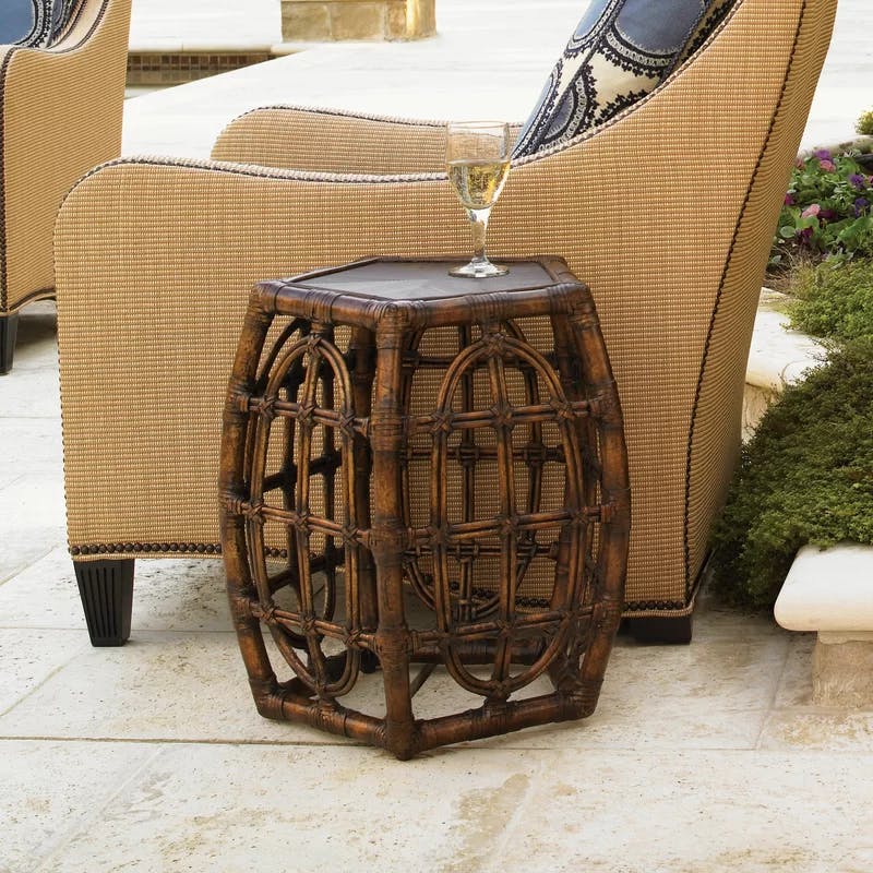 Transitional Brown Round Rattan and Leather 19'' Accent Table