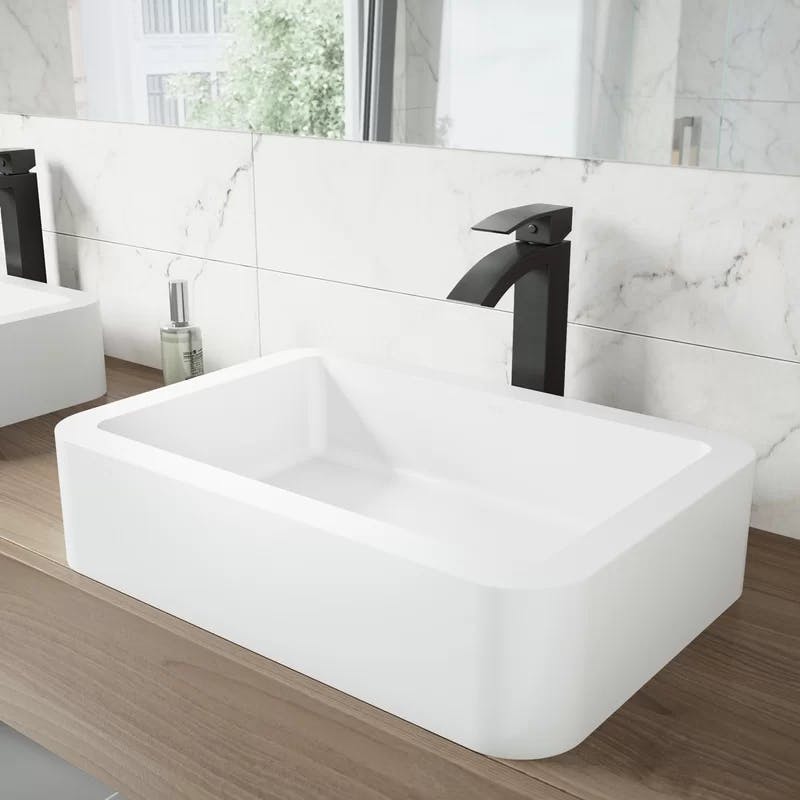 Serene White Stone Rectangular Vessel Bathroom Sink with Modern Faucet