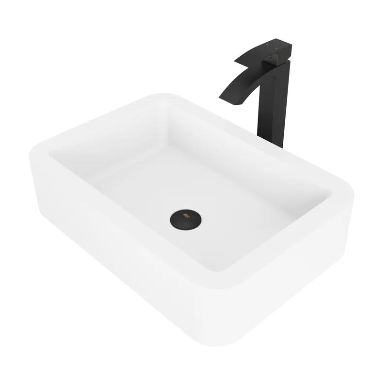 Serene White Stone Rectangular Vessel Bathroom Sink with Modern Faucet