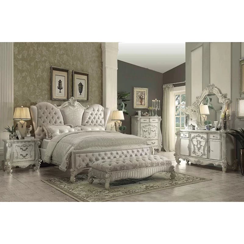 Versailles Ivory Fabric & Bone White Tufted Upholstered Bench