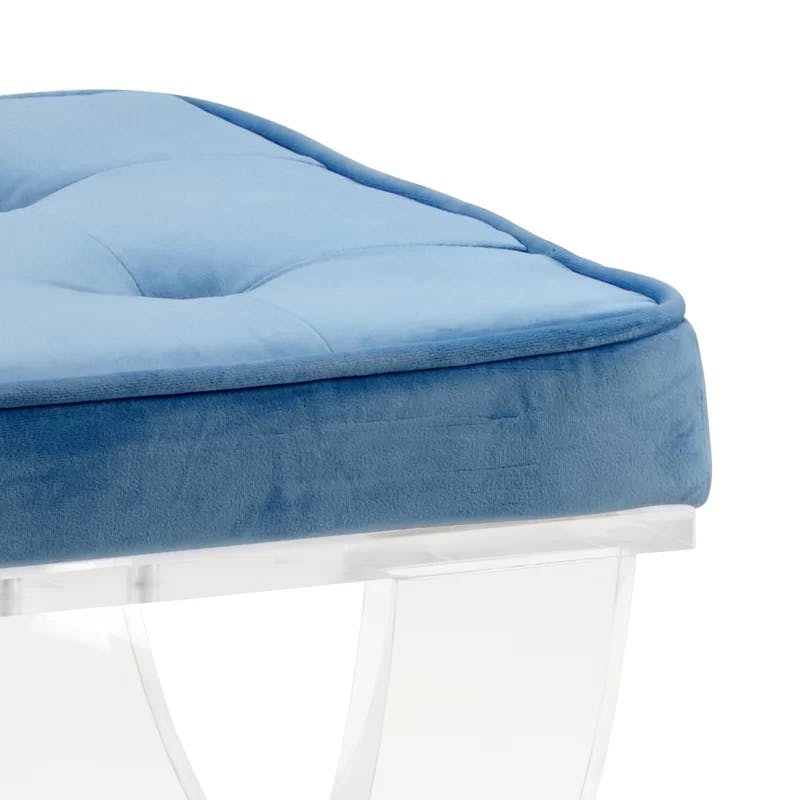 Harlow Blue Velvet Tufted Bench with Clear Acrylic Base
