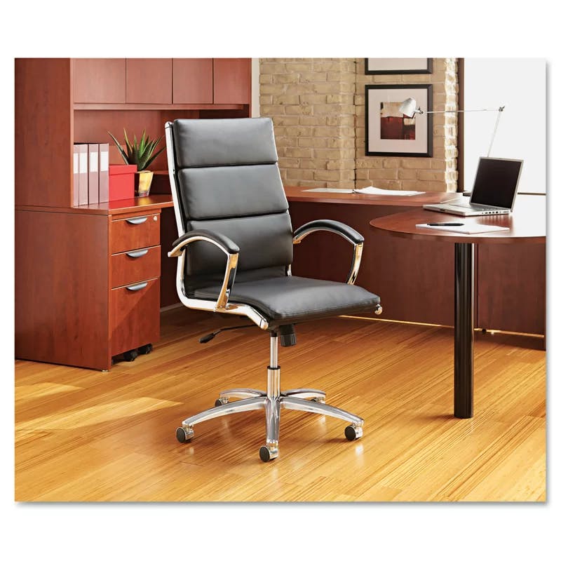 Slim Profile Black Leather Swivel Office Chair with Chrome Base