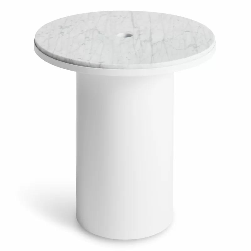 Carrara Marble Round Plateau Side Table with White Metal Base, 21" W