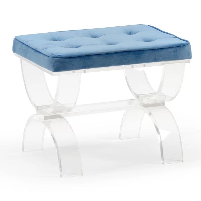 Harlow Blue Velvet Tufted Bench with Clear Acrylic Base