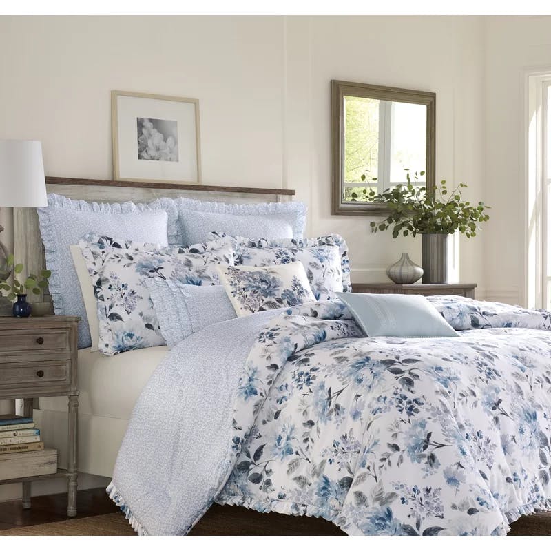 Cottage Blue Vine Design 100% Cotton Ruffle Throw Pillow