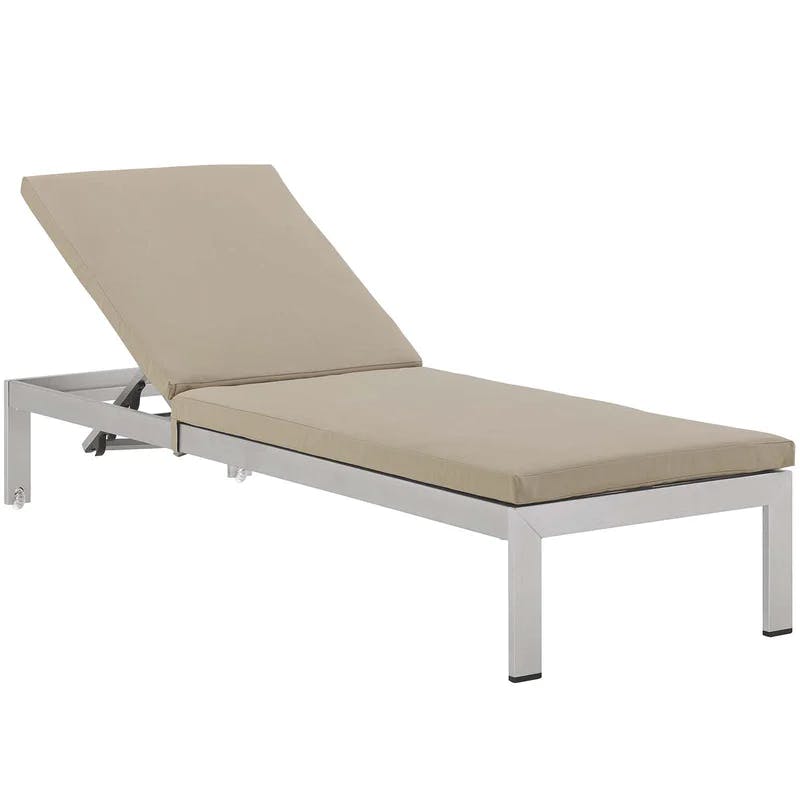 Shoreline Silver Aluminum Outdoor Chaise Lounger with Beige Cushions