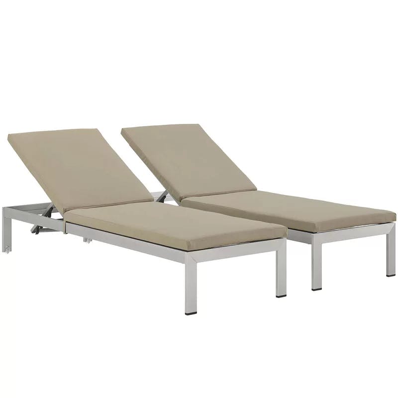 Shoreline Silver Aluminum Outdoor Chaise Lounger with Beige Cushions